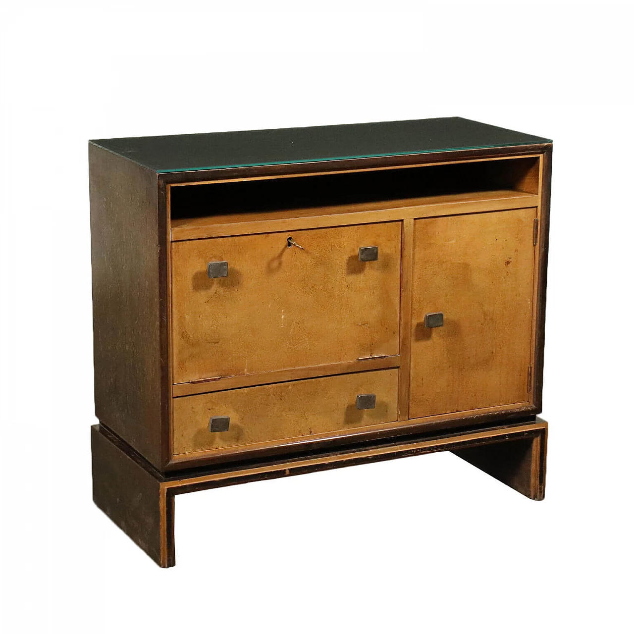 Small sideboard in walnut and briarwood with back-treated glass top, 20s 1257923