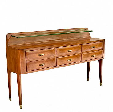 Sideboard in wood with glass shelf and brass feet and handles, 50s