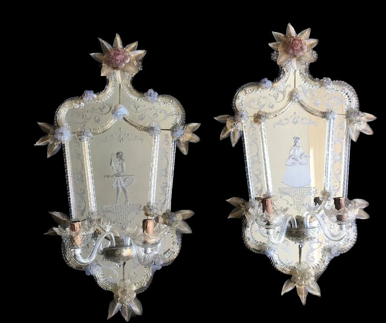 Coppia di applique antiche in vetro di Murano con specchio, anni '30 1258489