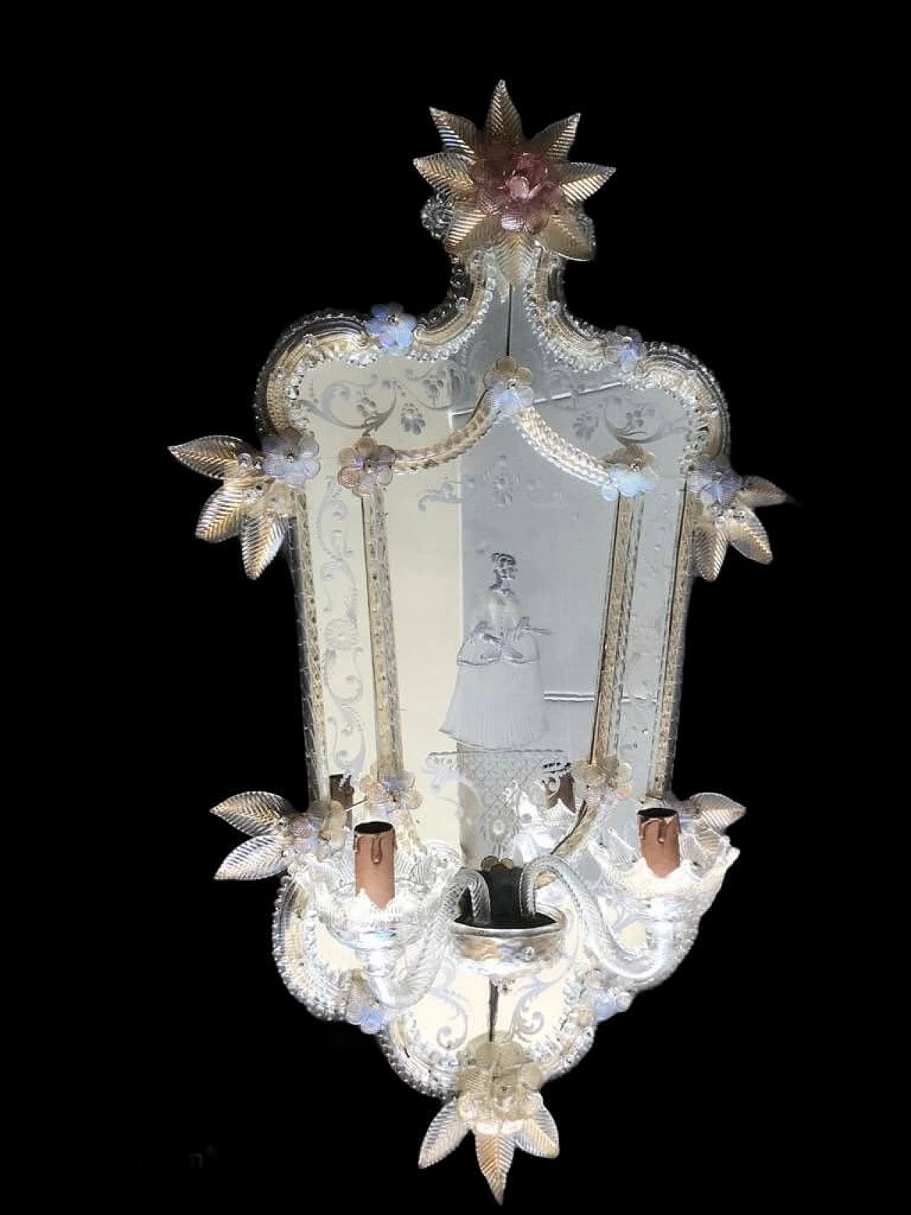 Coppia di applique antiche in vetro di Murano con specchio, anni '30 1258490