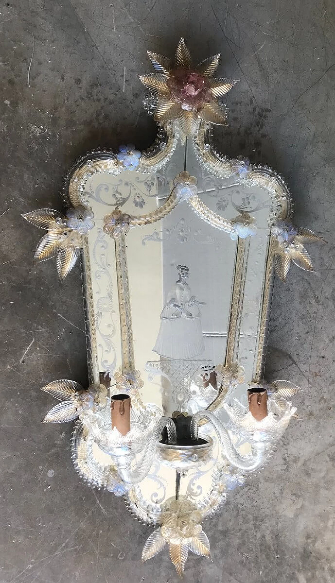 Coppia di applique antiche in vetro di Murano con specchio, anni '30 1258492