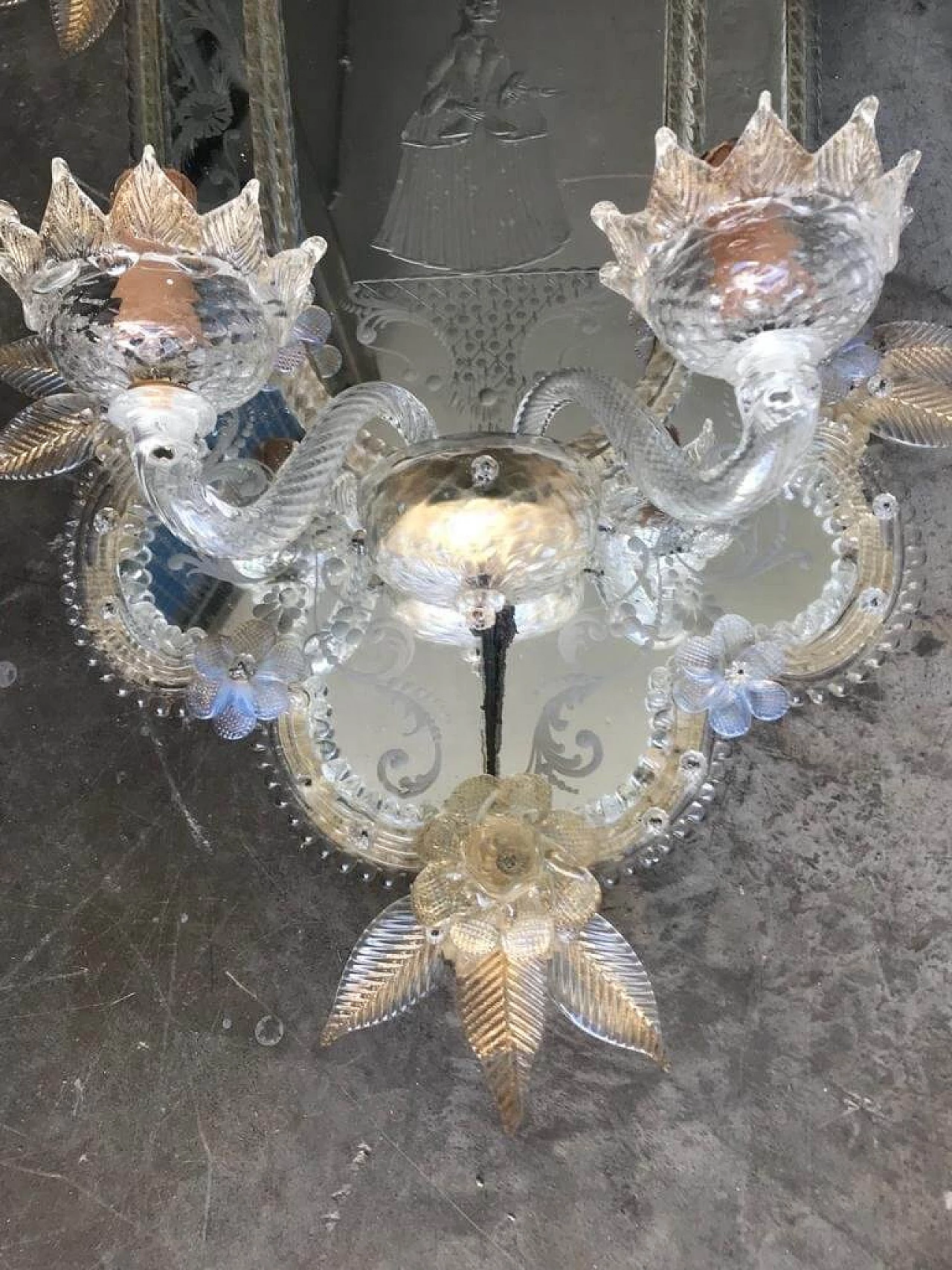 Coppia di applique antiche in vetro di Murano con specchio, anni '30 1258502