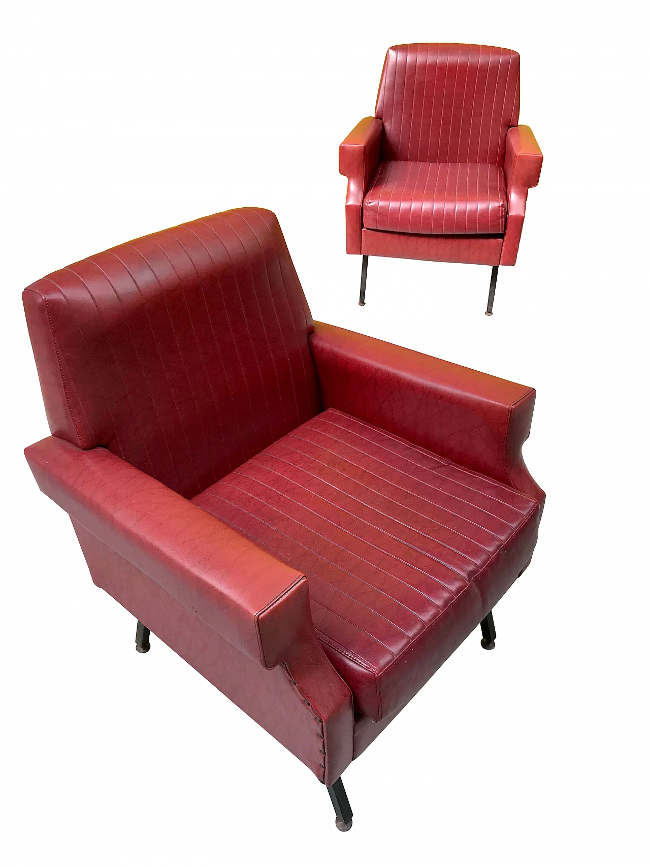 Pair of amaranth skai armchairs with black metal feet, 60s 1258523