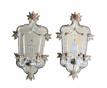 Pair of antique Murano glass wall lamps with mirror, 1930s