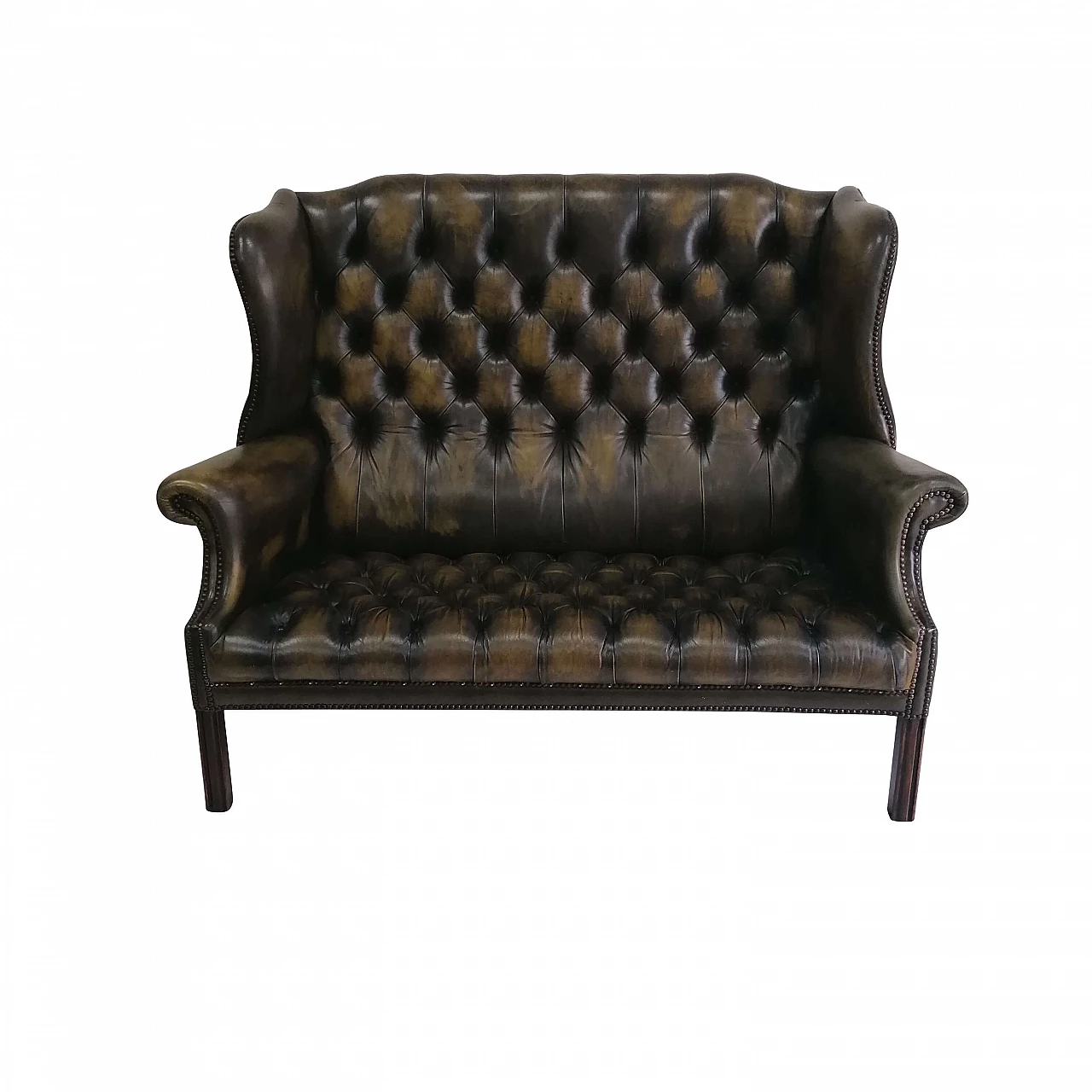 Olive green leather two seater Chesterfield sofa, 80s 1258656