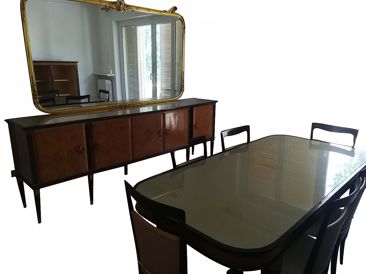 Tavolo da pranzo e 2 credenze in palissandro e ottone, anni '50 1258725