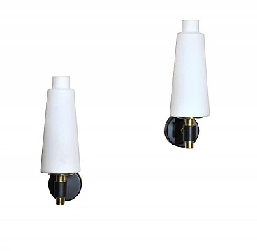 Pair of wall lamps in lacquered metal, brass and opaline glass in the style of Arredoluce, 60s
