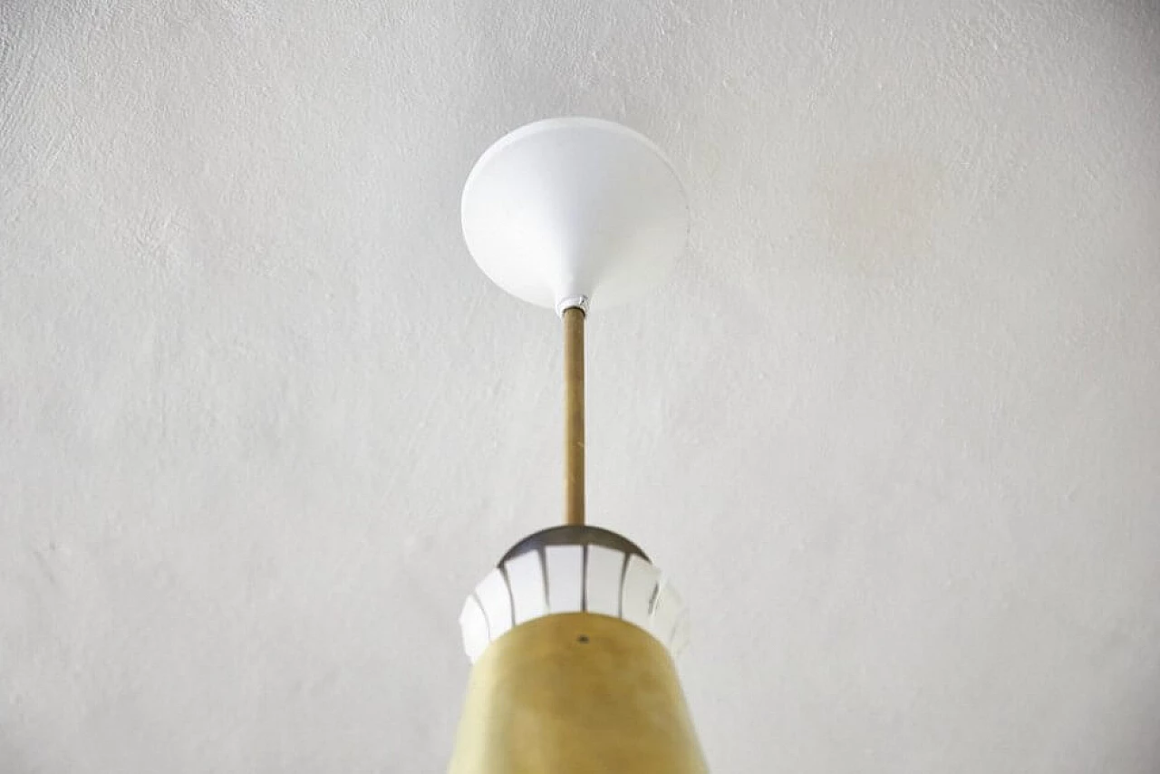 Pair of pendant lamps in brass, metal and plexiglass by Paavo Tynell, 60s 1259476