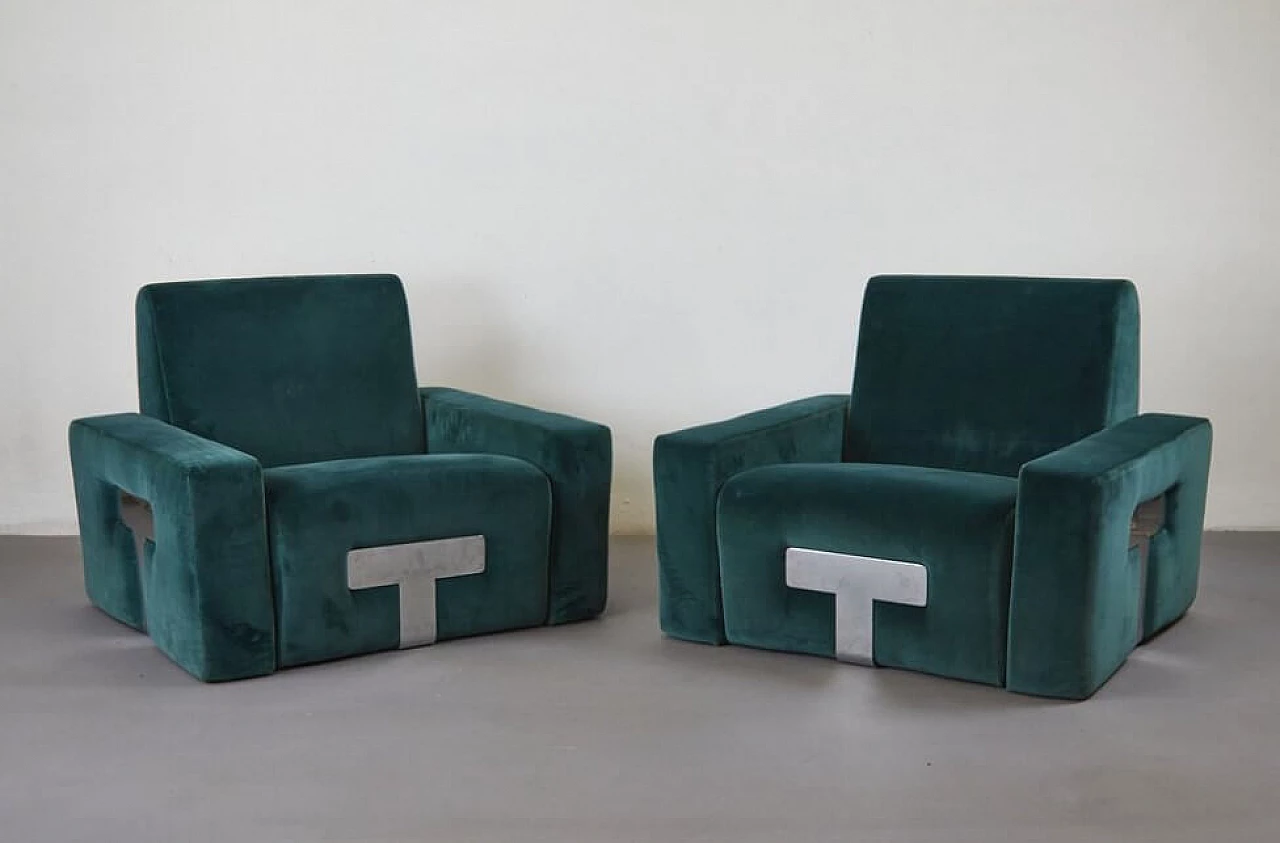 Pair of armchairs in velvet and chromed metal by Vittorio Introini for Saporiti Italia, 70s 1259499