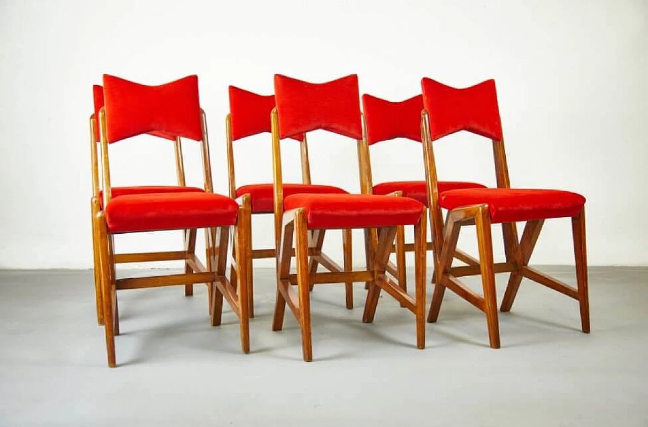 6 Chairs in walnut and velvet by Louis Scremins, 1950s 1259568