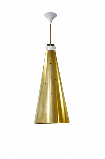 Pair of pendant lamps in brass, metal and plexiglass by Paavo Tynell, 60s