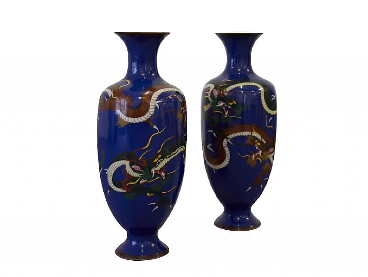 Coppia di vasi cloisonne cinesi in metallo e ottone smaltato, anni '30 1259699