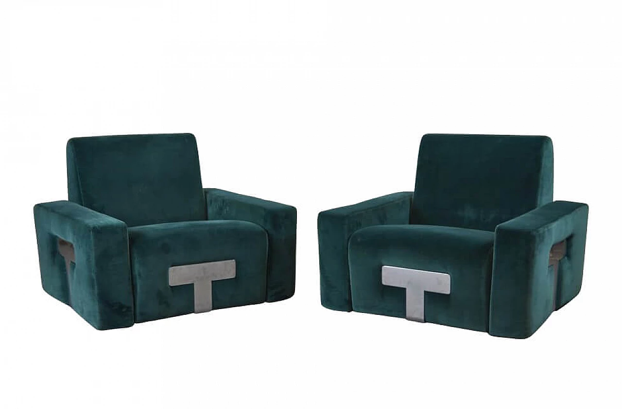 Pair of armchairs in velvet and chromed metal by Vittorio Introini for Saporiti Italia, 70s 1259704