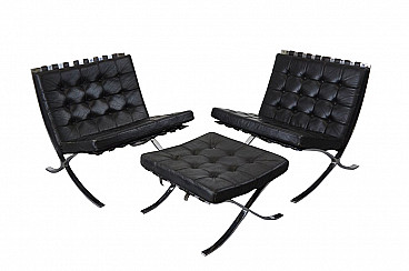 Set of pair of armchairs and footrest Barcelona by Ludwig Mies van der Rohe for Alivar, 80s
