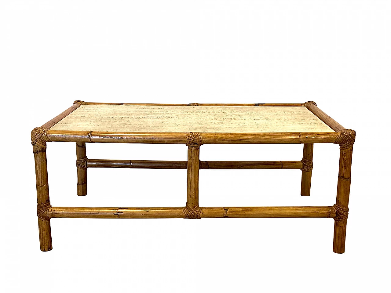 Tavolino in bambù con piano in travertino, anni '70 1260105