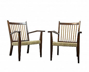 Pair of armchairs in wood and straw by Paolo Buffa, 1940s