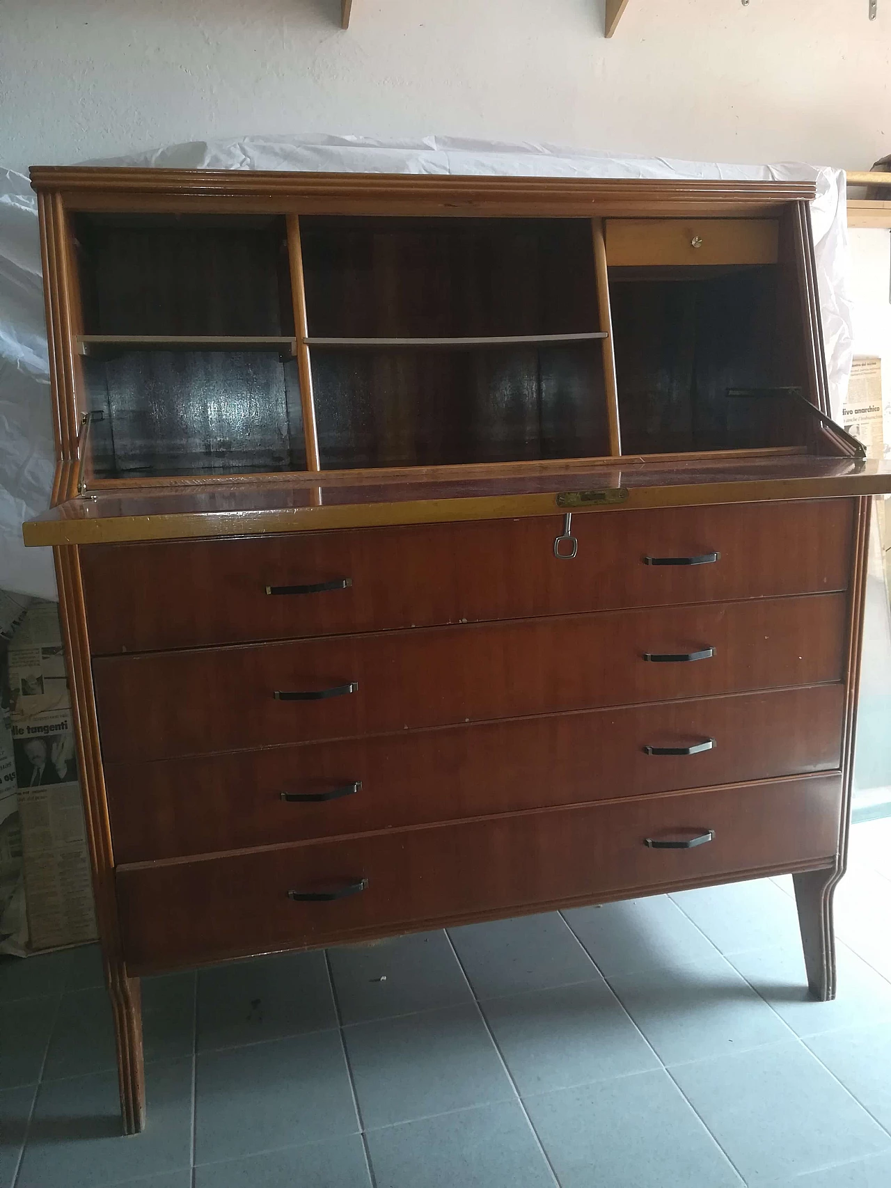 Flap cabinet with drawers and writing surface, 70s 1260598