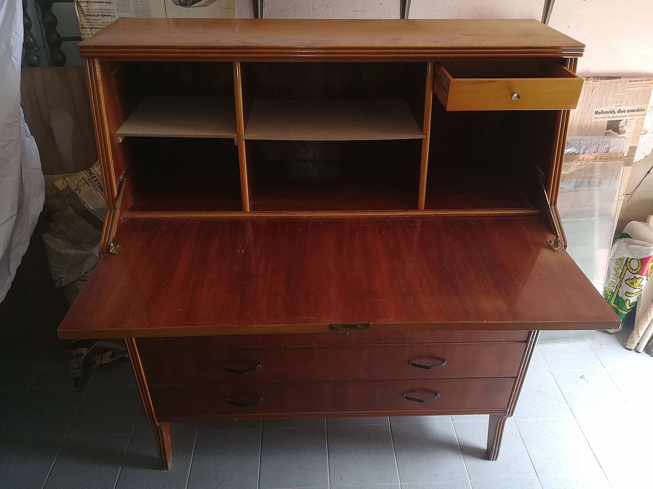 Flap cabinet with drawers and writing surface, 70s 1260603
