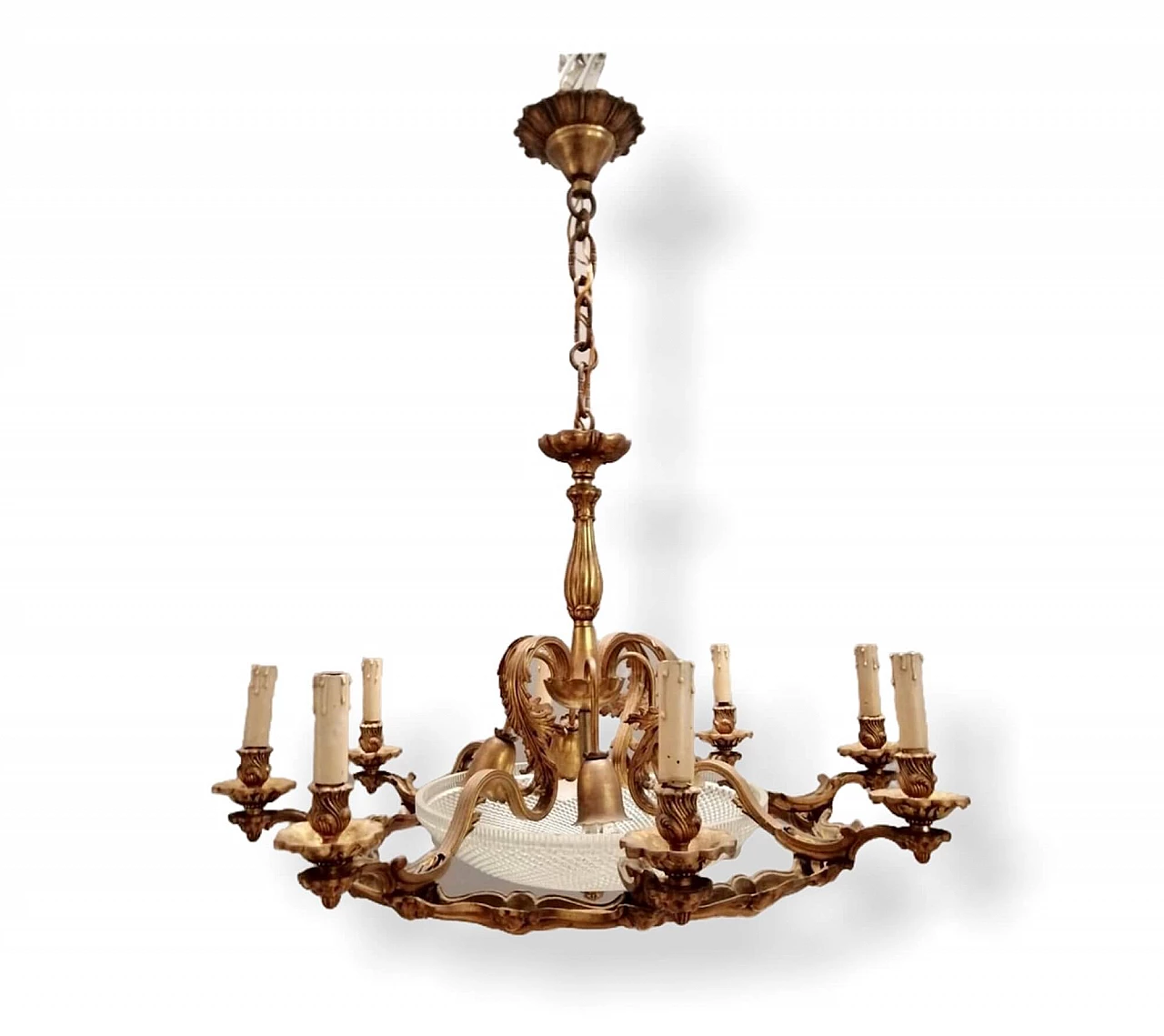 Large Art Deco 12-light bronze chandelier, 40s 1260675