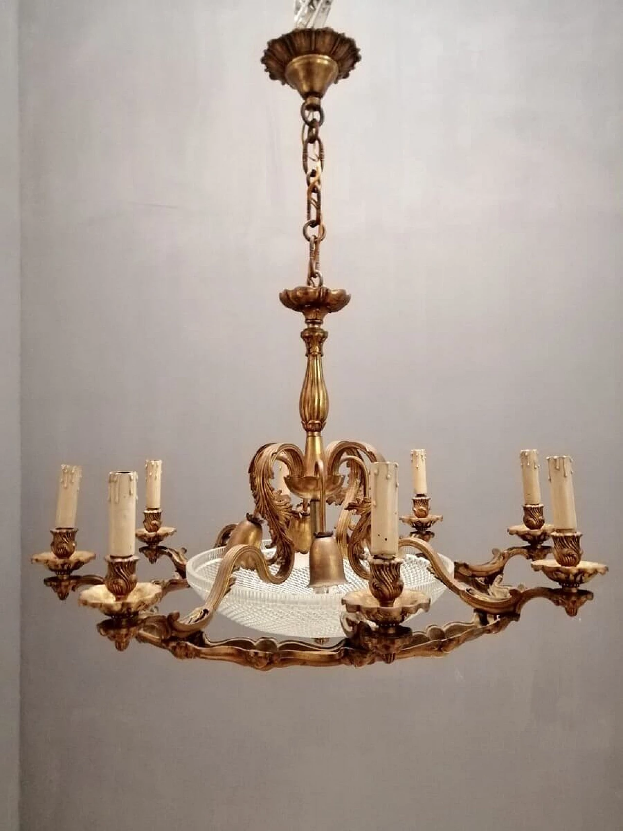 Grande lampadario a 12 luci in bronzo Art Dèco, anni '40 1260676