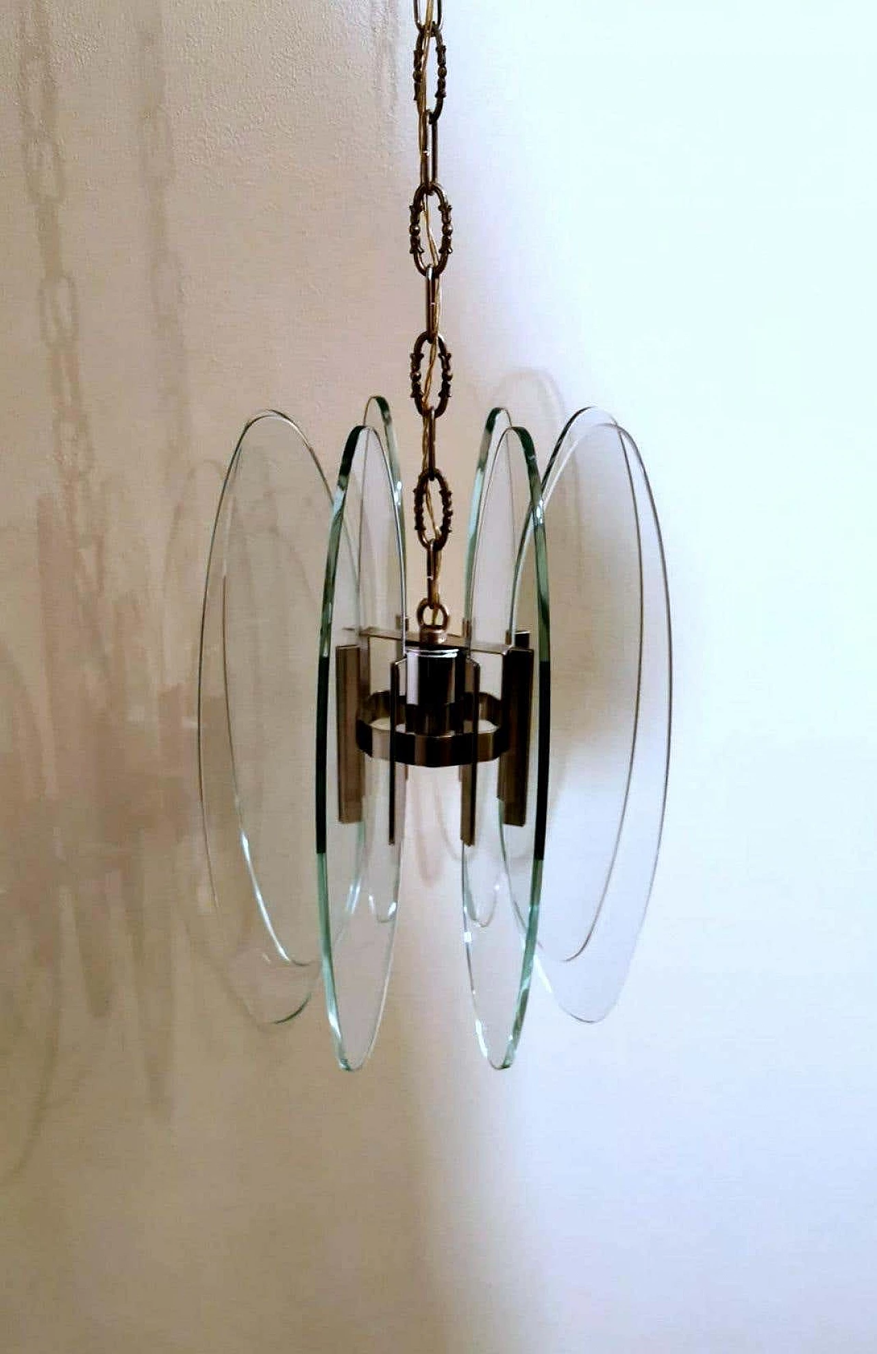 Fontana Arte style chandelier in tempered glass and nickel plated brass, 60s 1261544