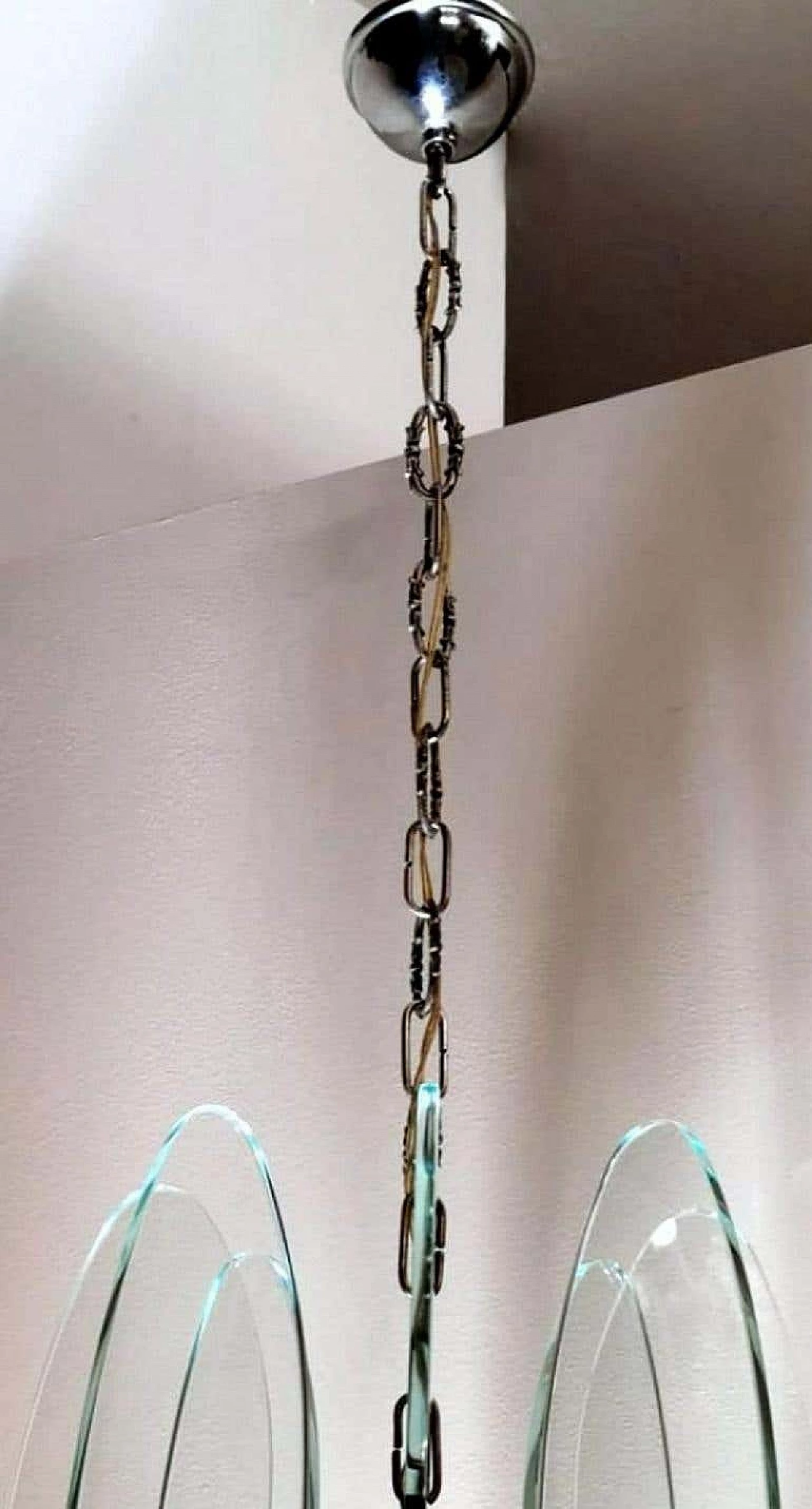 Fontana Arte style chandelier in tempered glass and nickel plated brass, 60s 1261545