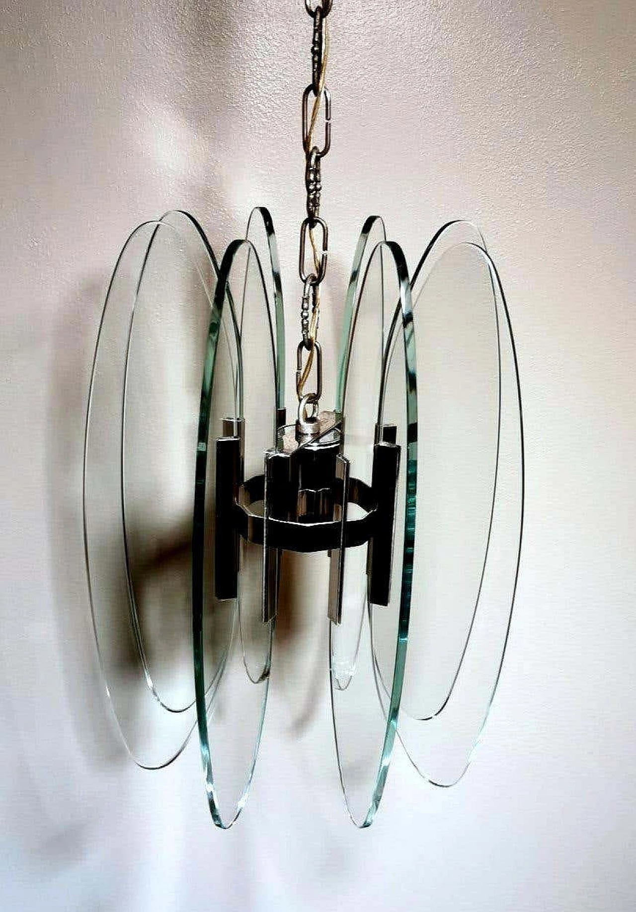 Fontana Arte style chandelier in tempered glass and nickel plated brass, 60s 1261546