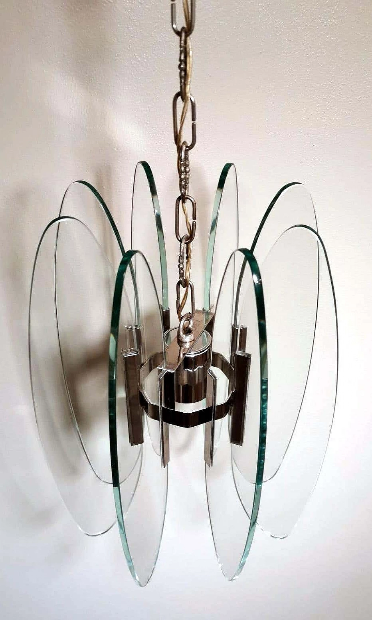 Fontana Arte style chandelier in tempered glass and nickel plated brass, 60s 1261547