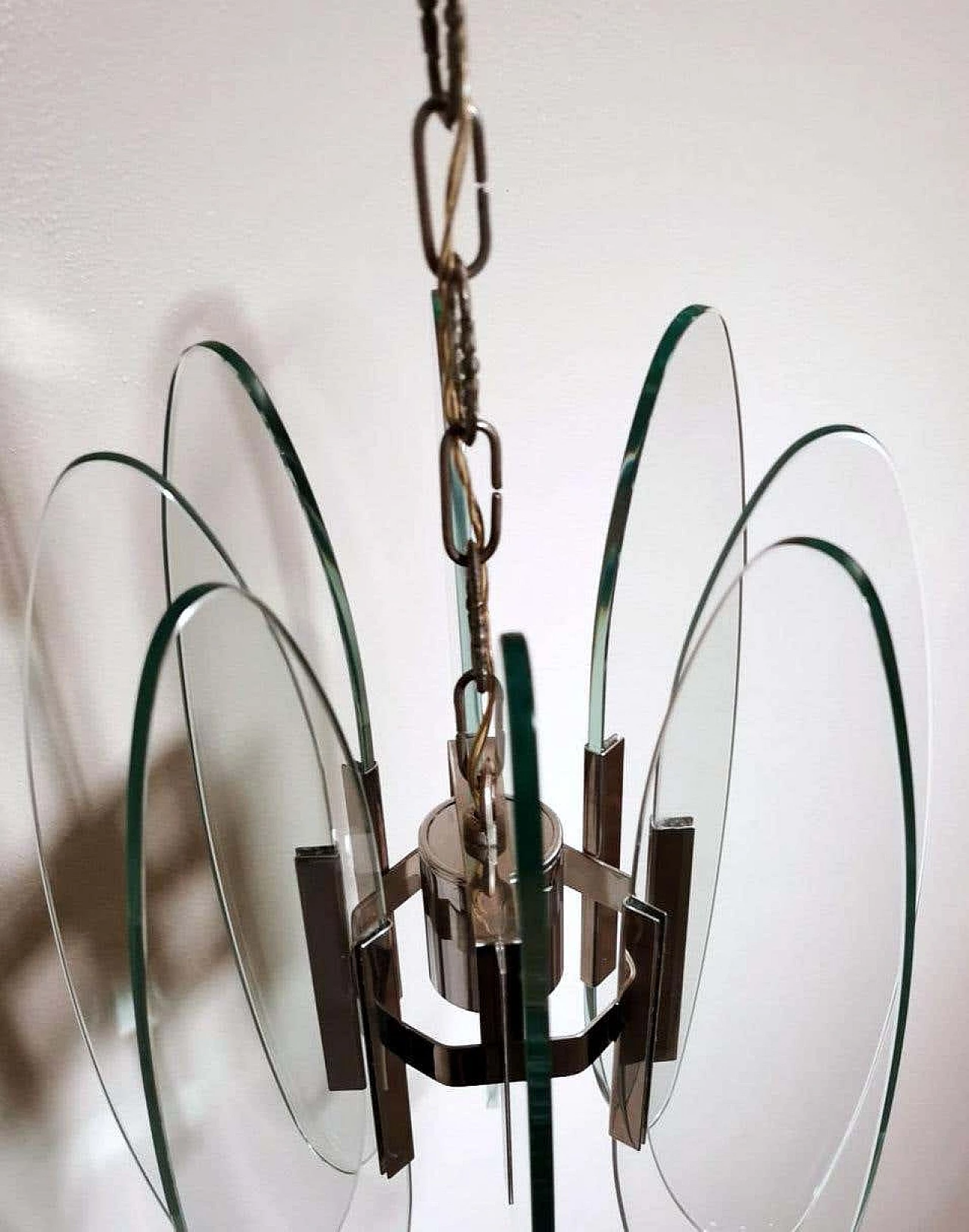 Fontana Arte style chandelier in tempered glass and nickel plated brass, 60s 1261549