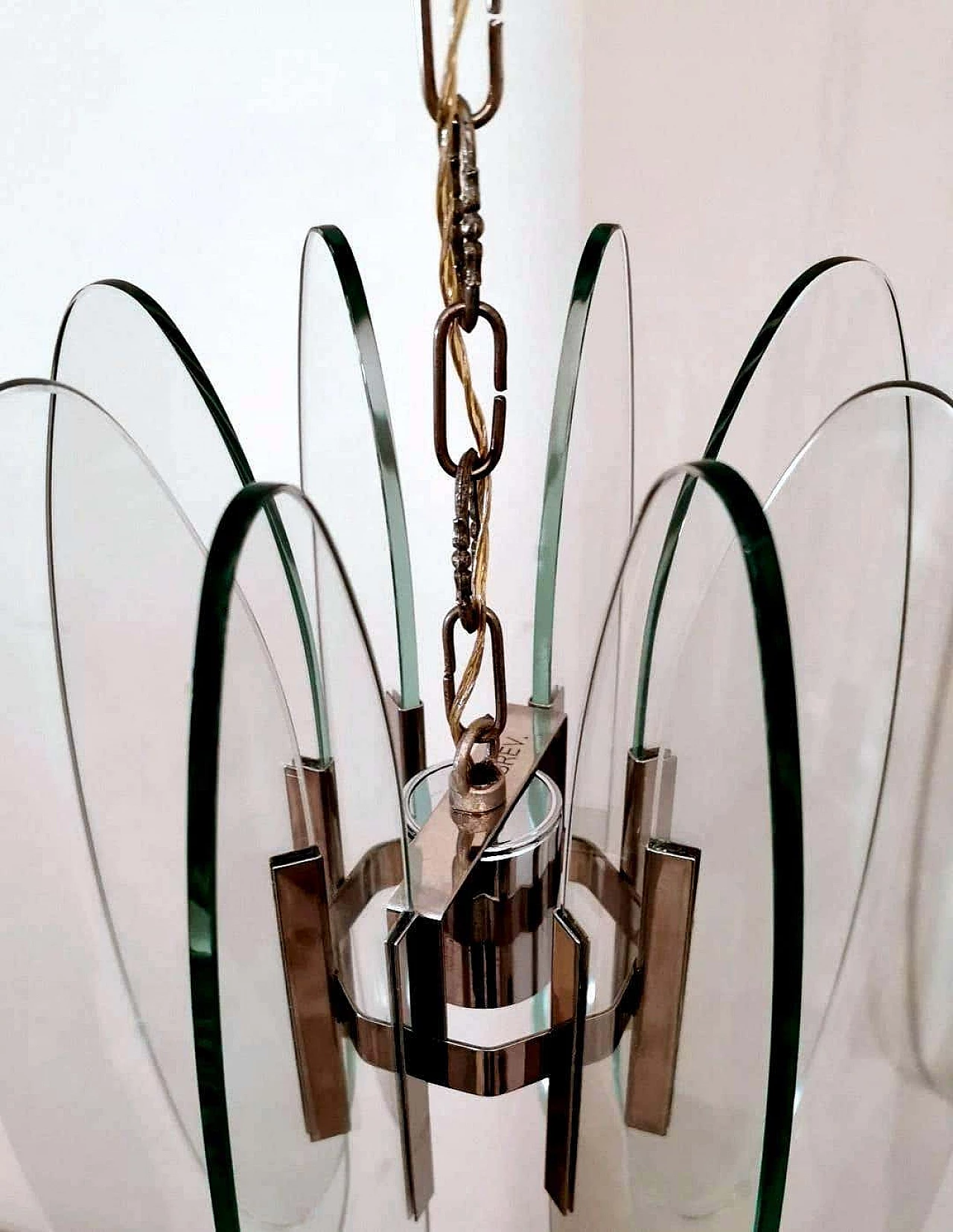 Fontana Arte style chandelier in tempered glass and nickel plated brass, 60s 1261550