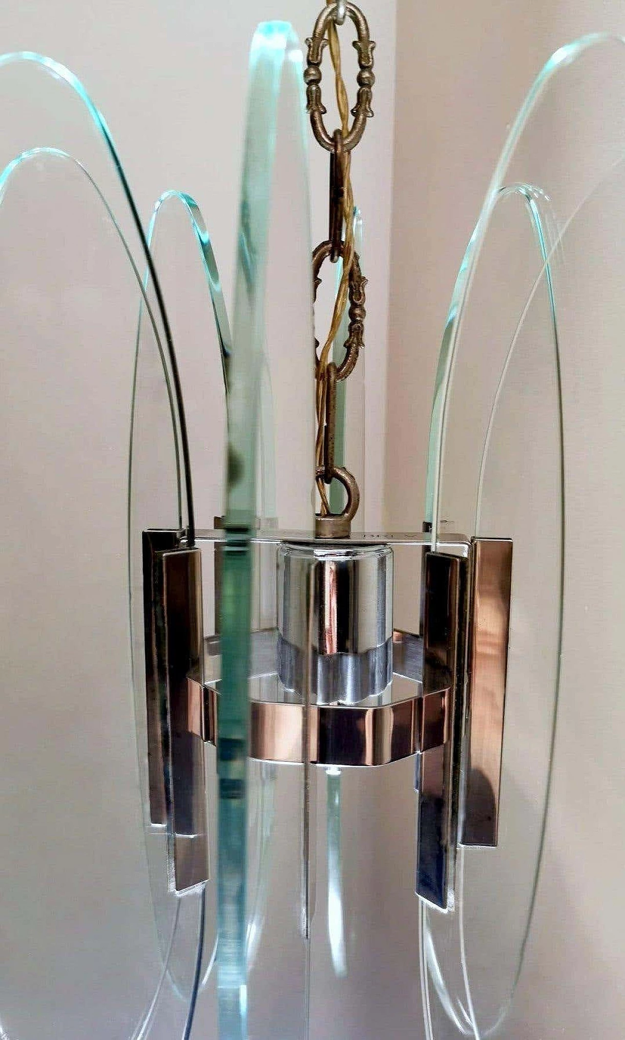 Fontana Arte style chandelier in tempered glass and nickel plated brass, 60s 1261551