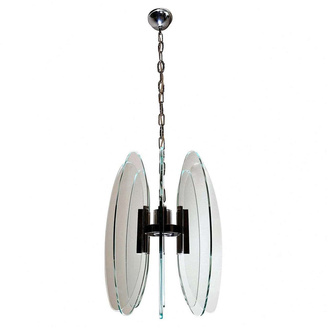 Fontana Arte style chandelier in tempered glass and nickel plated brass, 60s 1261563