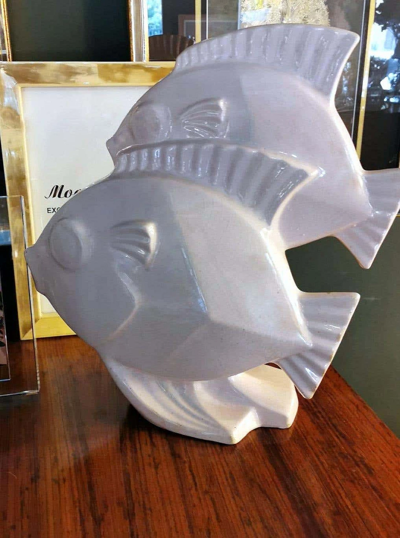 Art Deco sculpture of two fish in craquelé porcelain, 30s 1261931