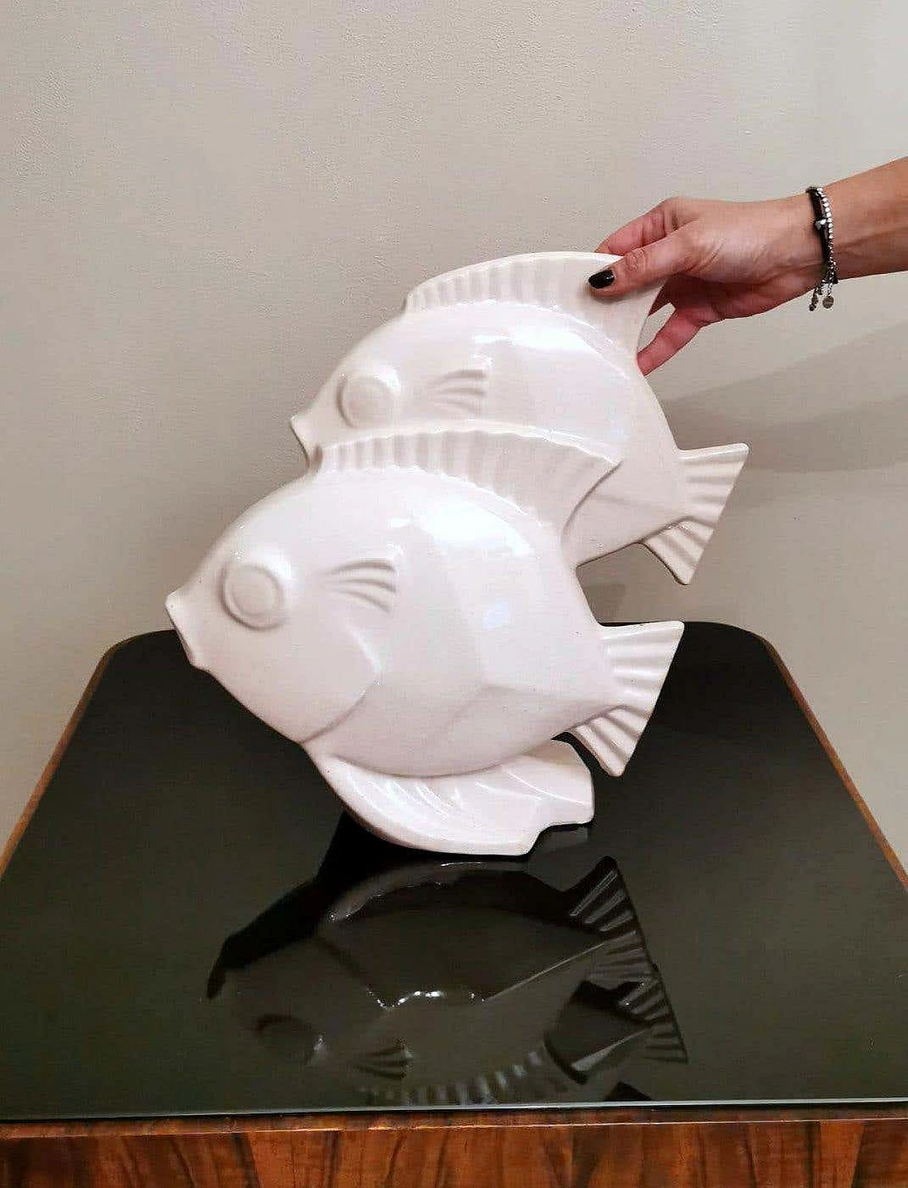 Art Deco sculpture of two fish in craquelé porcelain, 30s 1261932