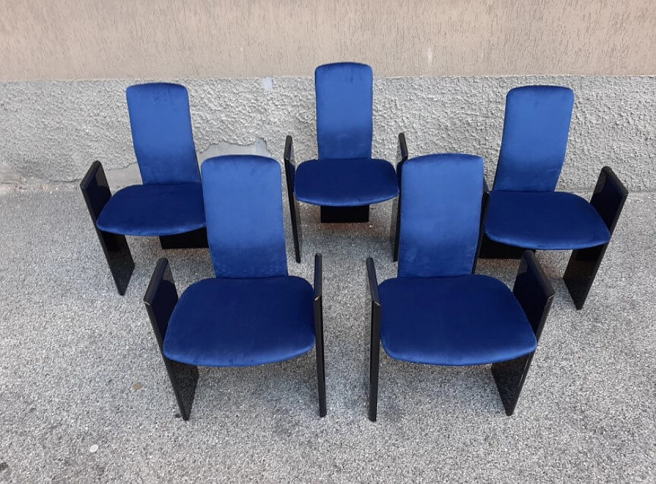 5 Chairs in black lacquered wood and electric blue velvet by Arflex, 60s 1262049