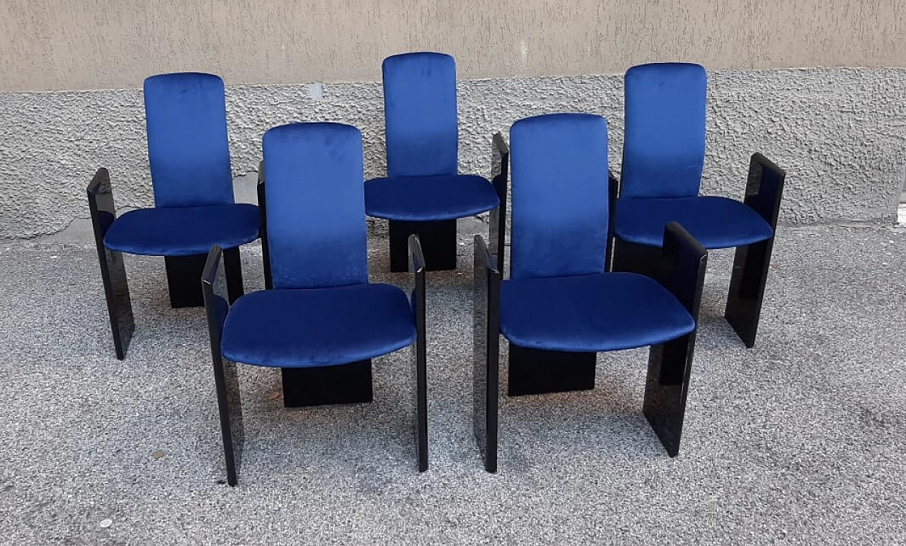 5 Chairs in black lacquered wood and electric blue velvet by Arflex, 60s 1262051