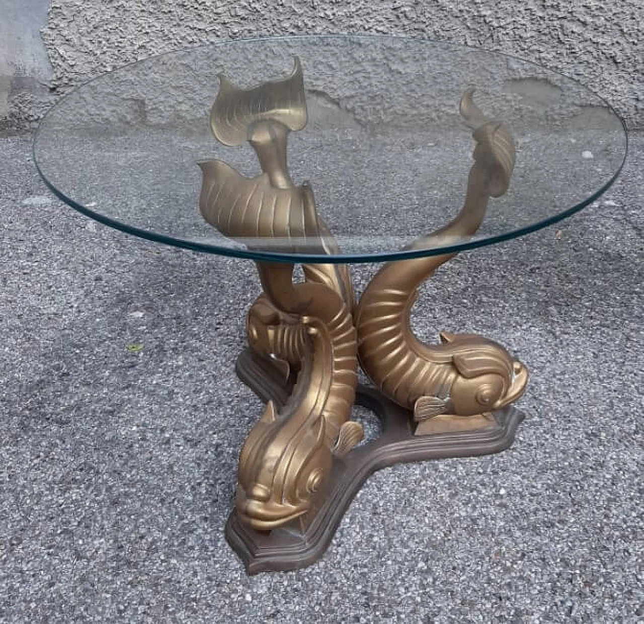Coffee table in glass with carps-shaped feet in brass, 70s 1262252