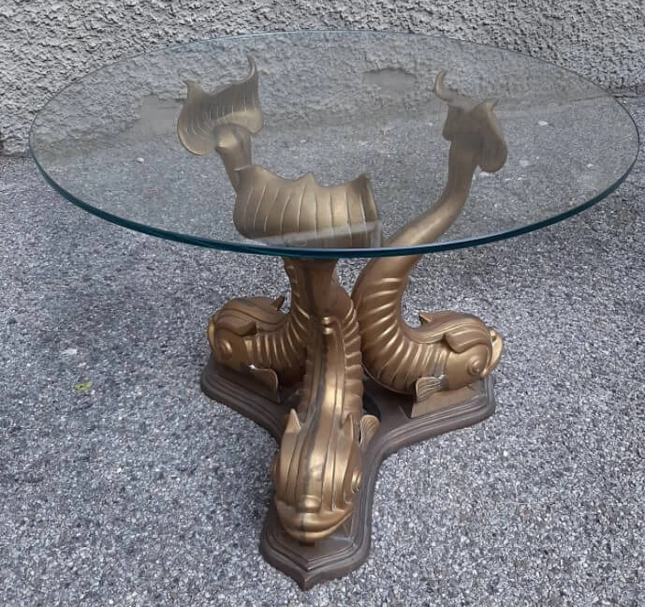 Coffee table in glass with carps-shaped feet in brass, 70s 1262253