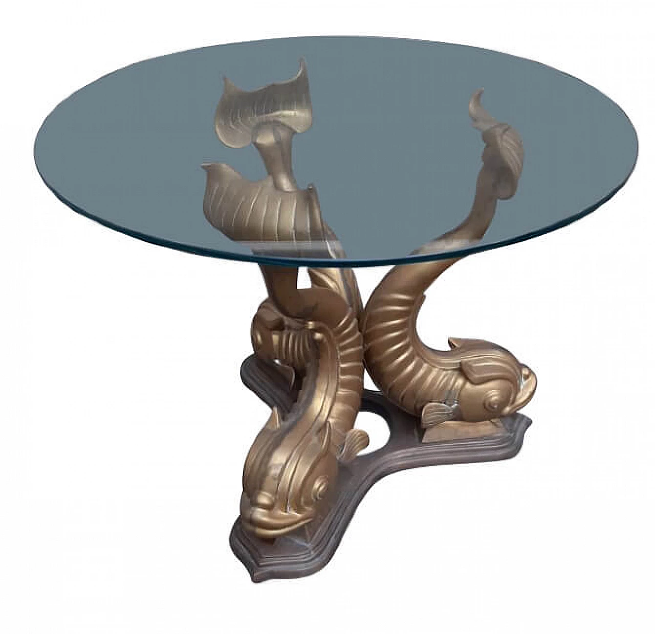 Coffee table in glass with carps-shaped feet in brass, 70s 1262297