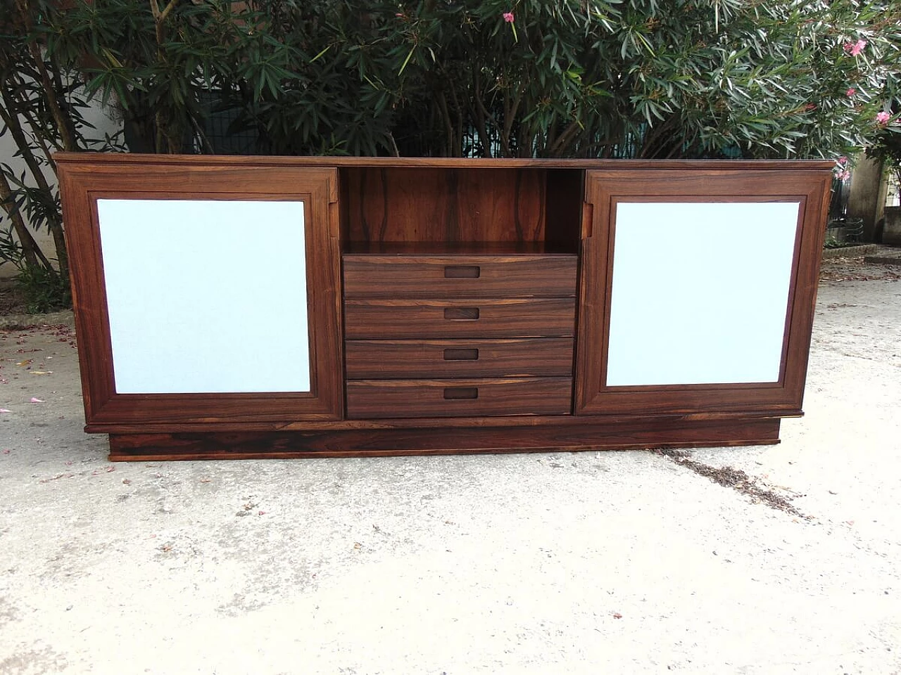 Rosewood sideboard with light blue fabric panels, 60s 1262622