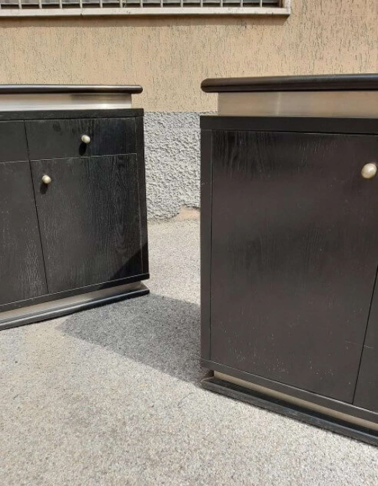 Pair of chest of drawers in ebonized wood and aluminum, 70s 1263006