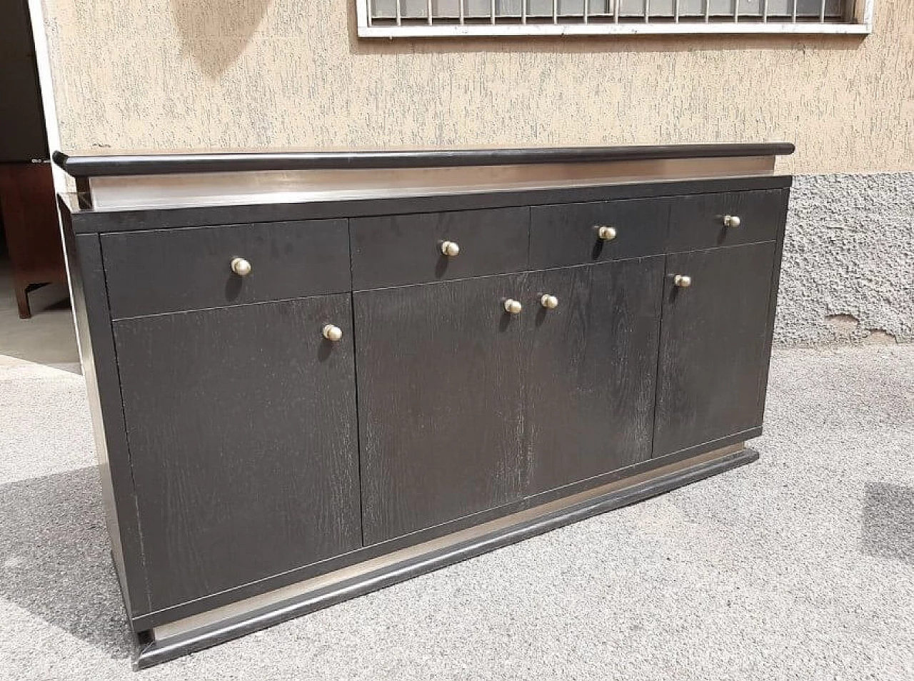 Pair of chest of drawers in ebonized wood and aluminum, 70s 1263012