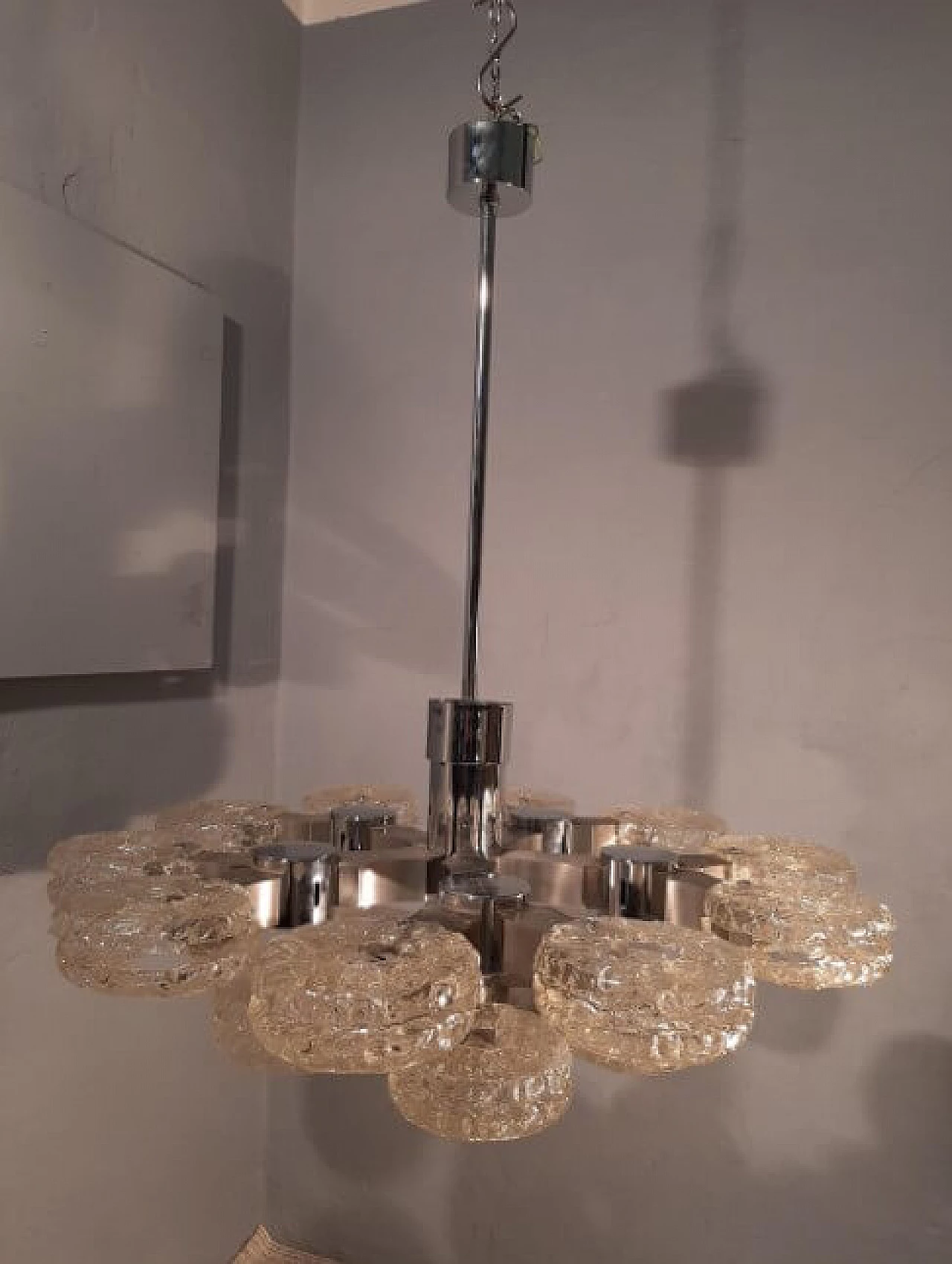 15-light ceiling lamp in chromed iron and ice glass by Gaetano Sciolari for Sciolari, 70s 1263161
