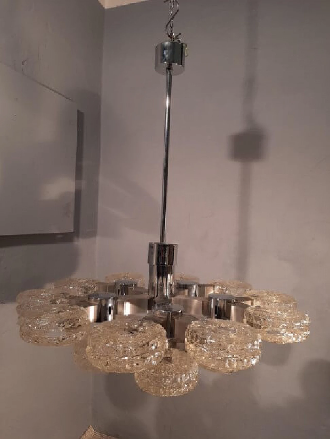 Lampada da soffitto a 15 luci in ferro cromato e vetro ghiaccio di Gaetano Sciolari per Sciolari, anni '70 1263161