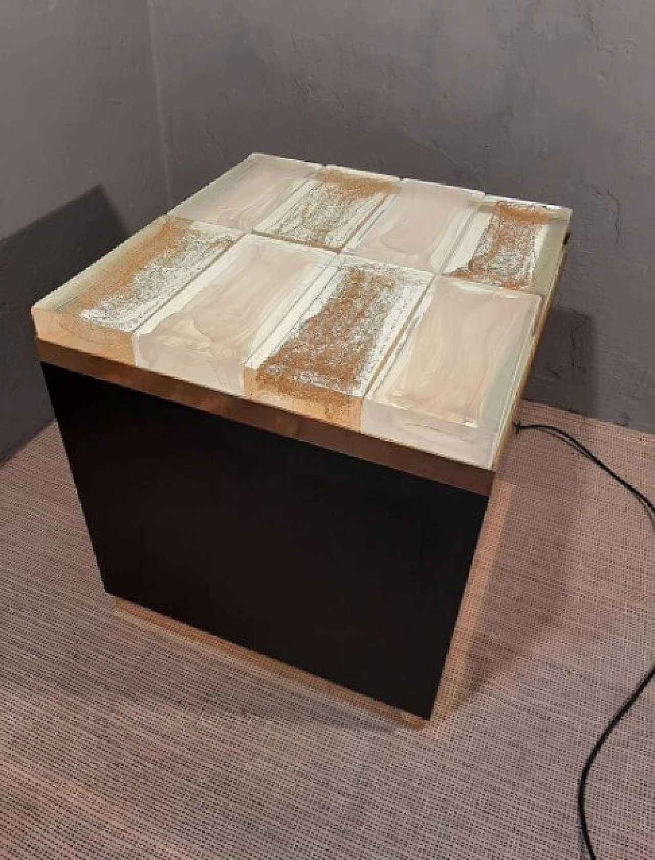 Nightstand or coffee table in decorated Murano glass bricks, wood and brass, 2000 1263234