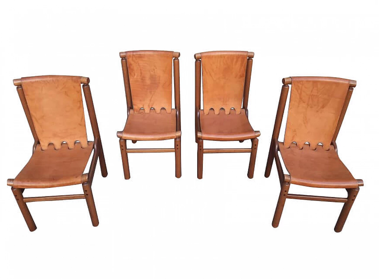 4 Sedie in legno chiaro e pelle di Ilmari Tapiovaara per La Permaente Mobili Cantù, anni '70 1263248