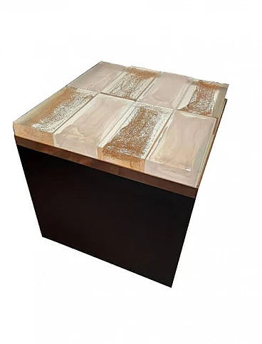 Nightstand or coffee table in decorated Murano glass bricks, wood and brass, 2000