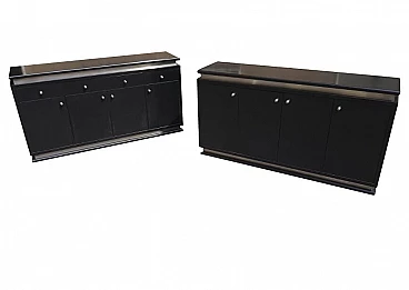 Pair of chest of drawers in ebonized wood and aluminum, 70s