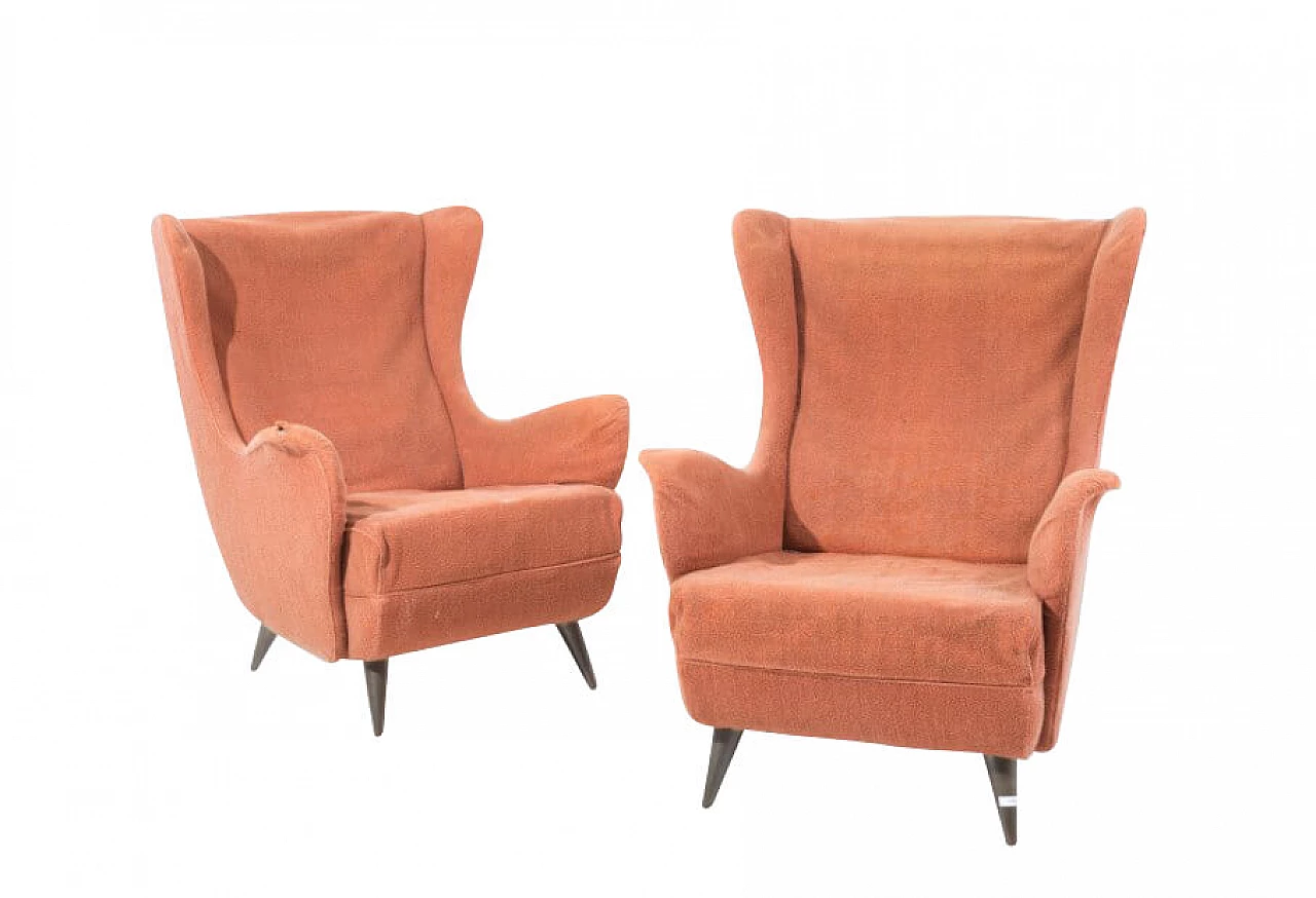 Pair of armchairs in wood, brass and fabric by Carlo De Carli, 50s 1263351