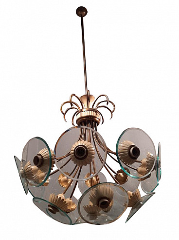 Ceiling lamp in brass, iron, aluminum and glass by Pietro Chiesa for Fontana Arte, 50s